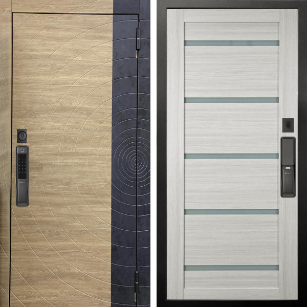 Входная дверь Аргус SMART Раунд Дуб европейский красный горизонт вставка бетон урбан индиго + Александра Белая лиственница