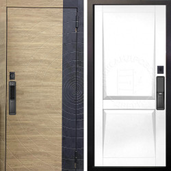 Входная дверь Аргус SMART Раунд Дуб европейский красный горизонт вставка бетон урбан индиго + Ариана Белая эмаль