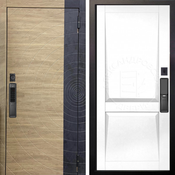 Входная дверь Аргус SMART Раунд Дуб европейский красный горизонт вставка бетон урбан индиго + Ариана Белая эмаль