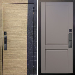 Входная дверь Аргус SMART Раунд Дуб европейский красный горизонт вставка бетон урбан индиго + Ариана Серая эмаль