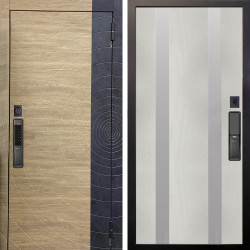 Входная дверь Аргус SMART Раунд Дуб европейский красный горизонт вставка бетон урбан индиго + Дуэт Белое дерево вставки Изабель