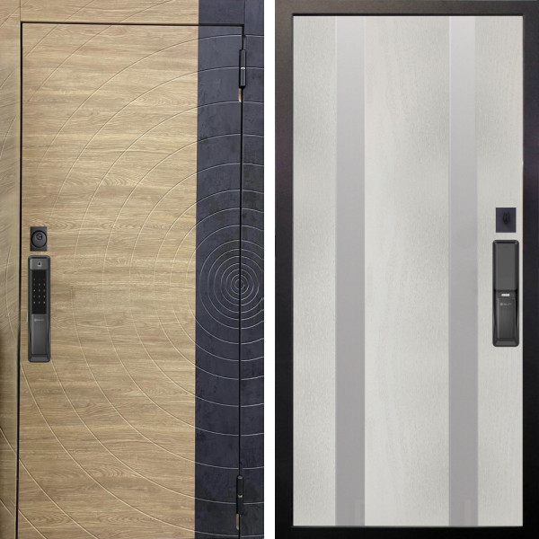 Входная дверь Аргус SMART Раунд Дуб европейский красный горизонт вставка бетон урбан индиго + Дуэт Белое дерево вставки Изабель