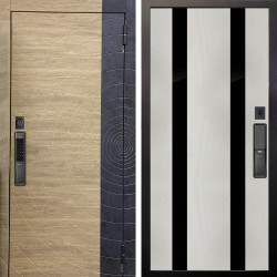 Входная дверь Аргус SMART Раунд Дуб европейский красный горизонт вставка бетон урбан индиго + Дуэт Белое дерево вставки Кензо