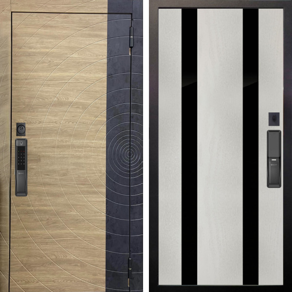 Входная дверь Аргус SMART Раунд Дуб европейский красный горизонт вставка бетон урбан индиго + Дуэт Белое дерево вставки Кензо