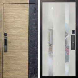 Входная дверь Аргус SMART Раунд Дуб европейский красный горизонт вставка бетон урбан индиго + Дуэт Белое дерево вставки Николь