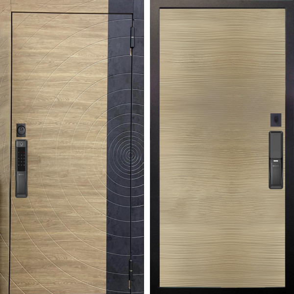 Входная дверь Аргус SMART Раунд Дуб европейский красный горизонт вставка бетон урбан индиго + Элегант Дорс светлый горизонт