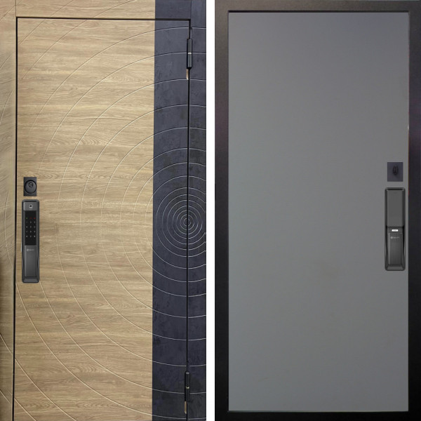 Входная дверь Аргус SMART Раунд Дуб европейский красный горизонт вставка бетон урбан индиго + Элегант Силк маус