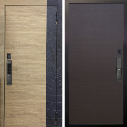 Входная дверь Аргус SMART Раунд Дуб европейский красный горизонт вставка бетон урбан индиго + Элегант Венге горизонт