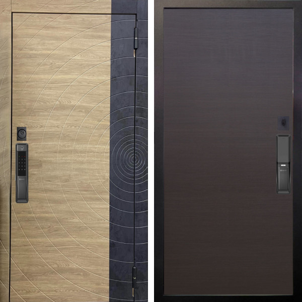 Входная дверь Аргус SMART Раунд Дуб европейский красный горизонт вставка бетон урбан индиго + Элегант Венге горизонт