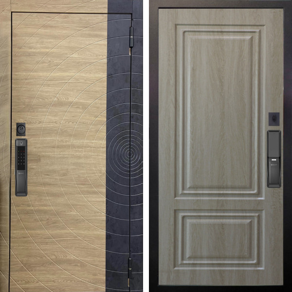 Входная дверь Аргус SMART Раунд Дуб европейский красный горизонт вставка бетон урбан индиго + Элион Дуб филадельфия крем