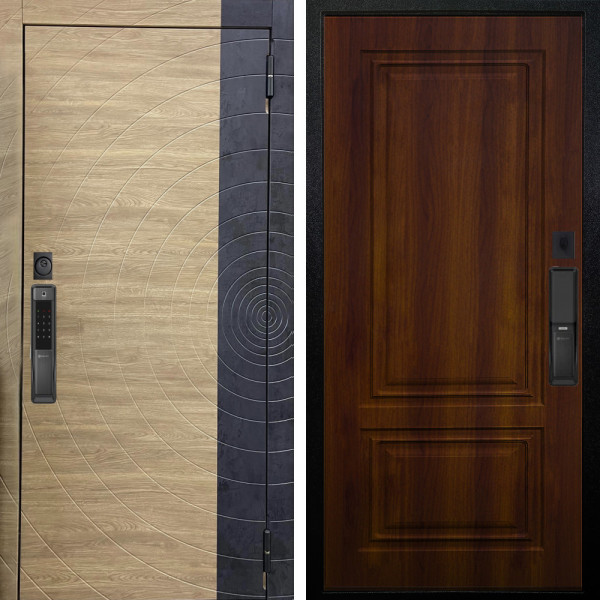 Входная дверь Аргус SMART Раунд Дуб европейский красный горизонт вставка бетон урбан индиго + Элион Дуб рустикальный