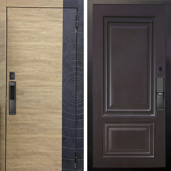 Входная дверь Аргус SMART Раунд Дуб европейский красный горизонт вставка бетон урбан индиго + Элион Горький шоколад