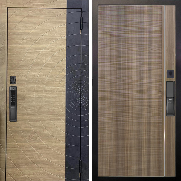 Входная дверь Аргус SMART Раунд Дуб европейский красный горизонт вставка бетон урбан индиго + Гауда Керамика