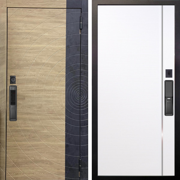 Входная дверь Аргус SMART Раунд Дуб европейский красный горизонт вставка бетон урбан индиго + Гауда Роял вуд белый