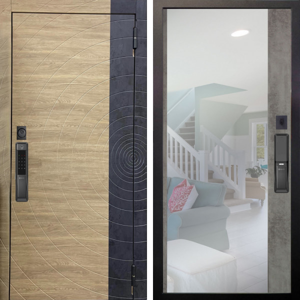 Входная дверь Аргус SMART Раунд Дуб европейский красный горизонт вставка бетон урбан индиго + Магнум Светлый бетон