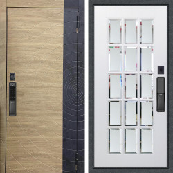 Входная дверь Аргус SMART Раунд Дуб европейский красный горизонт вставка бетон урбан индиго + Мэрелин Софт милк зеркало с фацетом и пескоструем