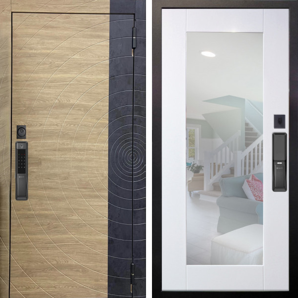 Входная дверь Аргус SMART Раунд Дуб европейский красный горизонт вставка бетон урбан индиго + Милли Роял вуд белый