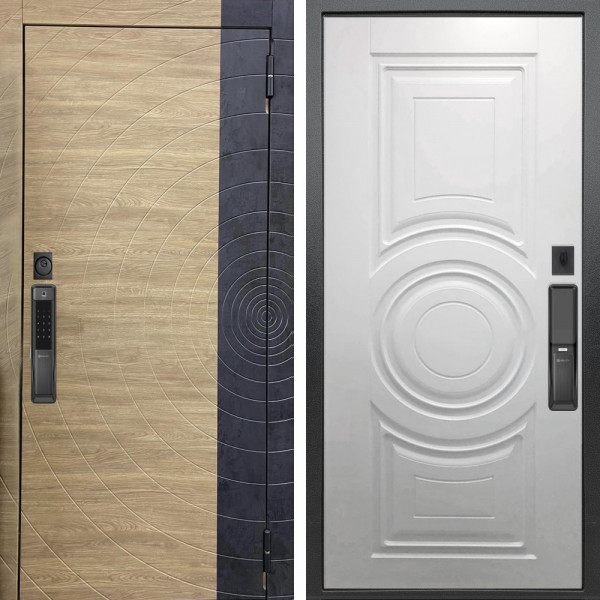 Входная дверь Аргус SMART Раунд Дуб европейский красный горизонт вставка бетон урбан индиго + Могадиш Софт милк