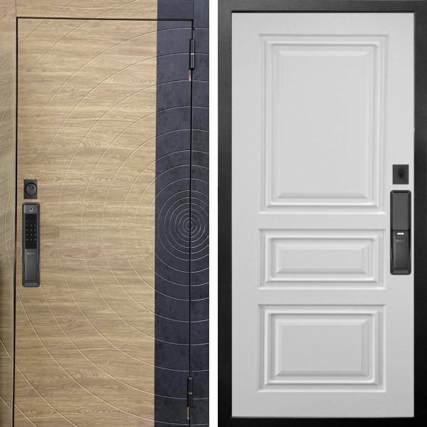 Входная дверь Аргус SMART Раунд Дуб европейский красный горизонт вставка бетон урбан индиго + Скиф Софт милк