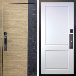 Входная дверь Аргус SMART Раунд Дуб европейский красный горизонт вставка бетон урбан индиго + Соренто Белая эмаль