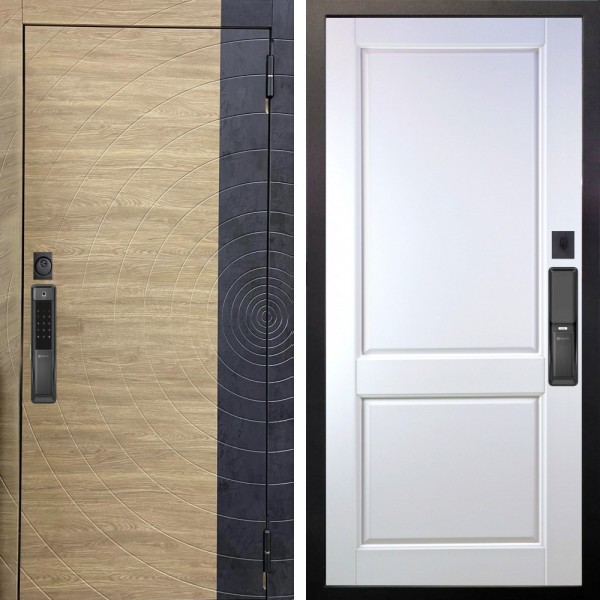 Входная дверь Аргус SMART Раунд Дуб европейский красный горизонт вставка бетон урбан индиго + Соренто Белая эмаль