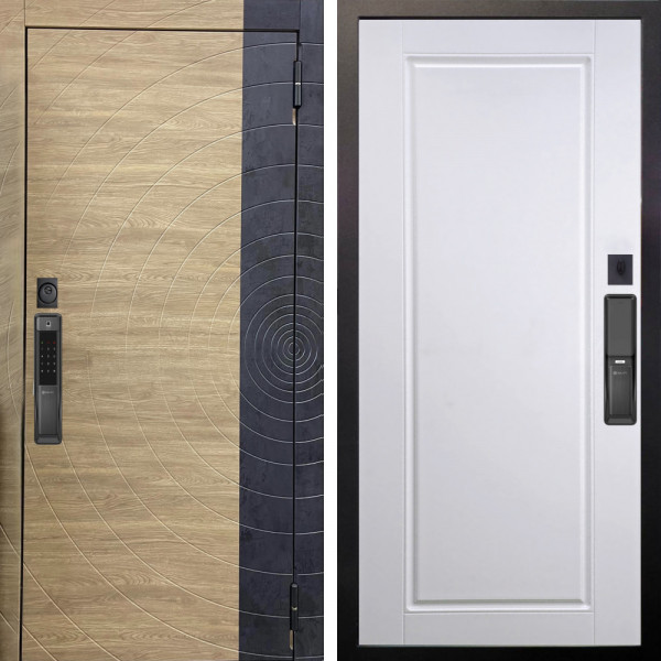 Входная дверь Аргус SMART Раунд Дуб европейский красный горизонт вставка бетон урбан индиго + Тревор Софт милк