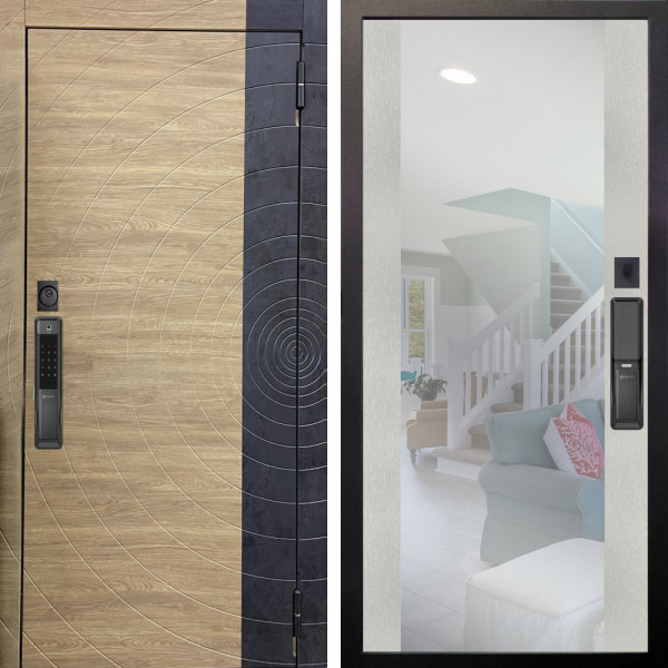 Входная дверь Аргус SMART Раунд Дуб европейский красный горизонт вставка бетон урбан индиго + Вояж Белое дерево