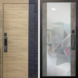 Входная дверь Аргус SMART Раунд Дуб европейский красный горизонт вставка бетон урбан индиго + Вояж Светлый бетон