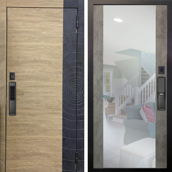 Входная дверь Аргус SMART Раунд Дуб европейский красный горизонт вставка бетон урбан индиго + Вояж Светлый бетон