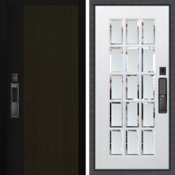 Входная дверь Аргус SMART рокси дуб рейка морение + Мэрелин Софт милк зеркало с фацетом и пескоструем