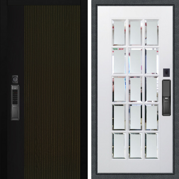 Входная дверь Аргус SMART рокси дуб рейка морение + Мэрелин Софт милк зеркало с фацетом и пескоструем