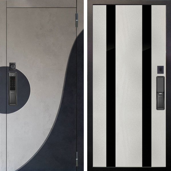 Входная дверь Аргус SMART Стен Бетон урбан милк вставка бетон урбан индиго + Дуэт Белое дерево вставки Кензо