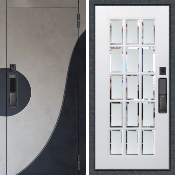 Входная дверь Аргус SMART Стен Бетон урбан милк вставка бетон урбан индиго + Мэрелин Софт милк зеркало с фацетом и пескоструем