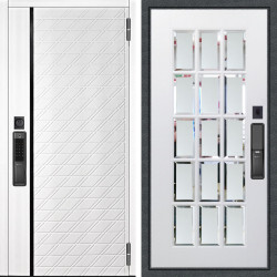 Входная дверь Аргус SMART Тори Софт милк + Мэрелин Софт милк зеркало с фацетом и пескоструем