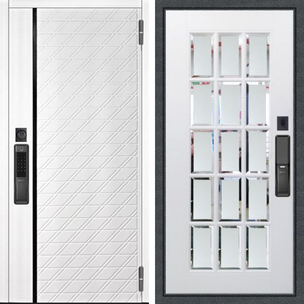 Входная дверь Аргус SMART Тори Софт милк + Мэрелин Софт милк зеркало с фацетом и пескоструем