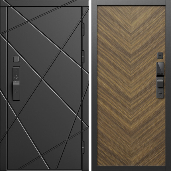 Входная дверь Termo-Door Смарт Лучи Блэк - Плаза Елочка Орех