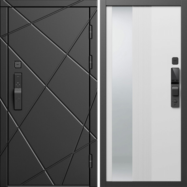 Входная дверь Termo-Door Смарт Лучи Блэк - Зеркало Люмис Белый Софт