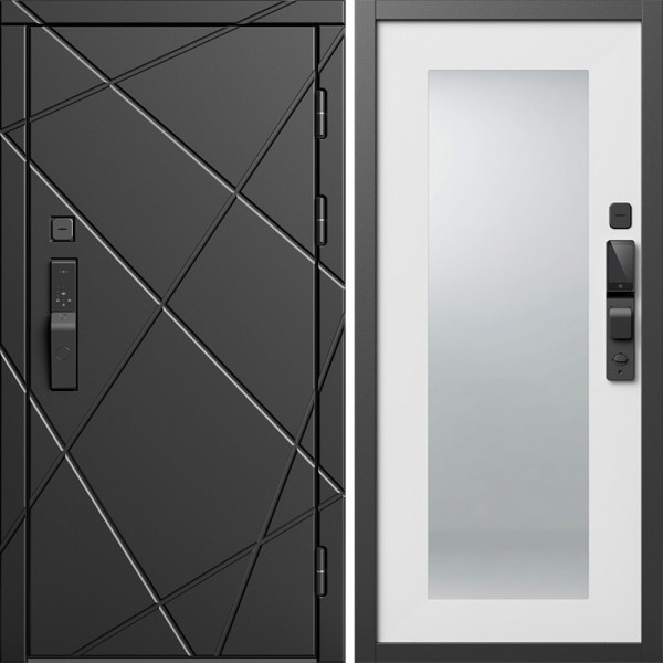 Входная дверь Termo-Door Смарт Лучи Блэк - Зеркало Триумф Белый софт