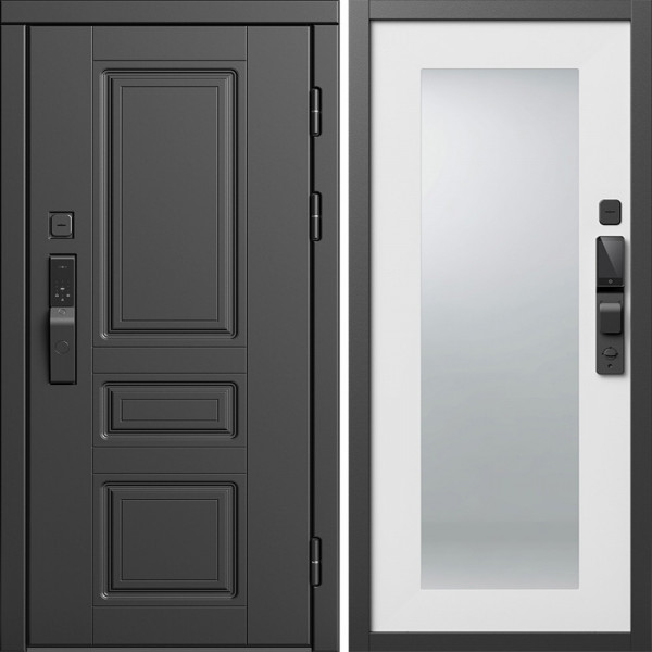 Входная дверь Termo-Door Смарт Орегон Блэк - Зеркало Триумф Белый софт