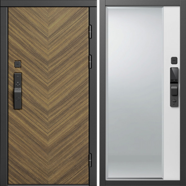 Входная дверь Termo-Door Смарт Плаза Орех Елочка - Зеркало Фацет Белый софт