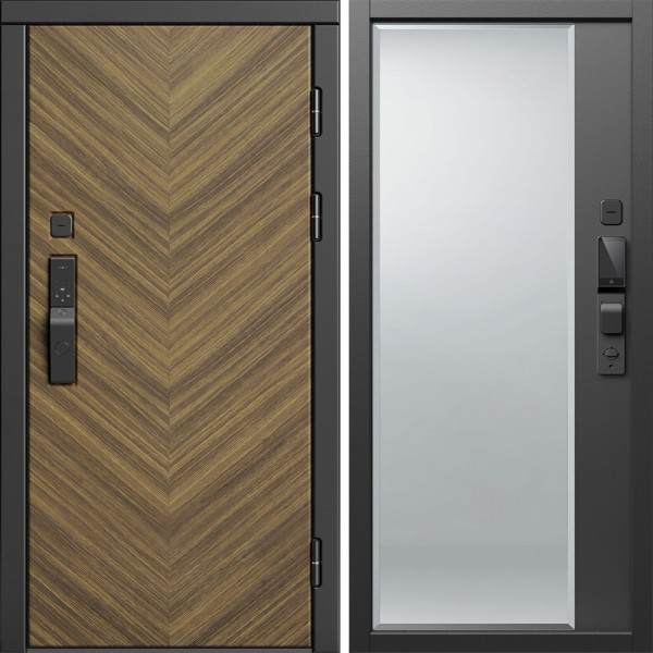 Входная дверь Termo-Door Смарт Плаза Орех Елочка - Зеркало Фацет Черный кварц+тонировка серая