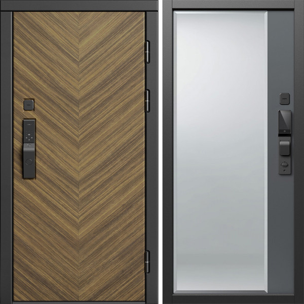 Входная дверь Termo-Door Смарт Плаза Орех Елочка - Зеркало Фацет Grey софт