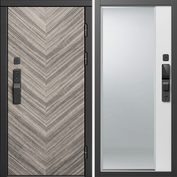 Входная дверь Termo-Door Смарт Плаза Серая Елочка - Зеркало Фацет Белый софт
