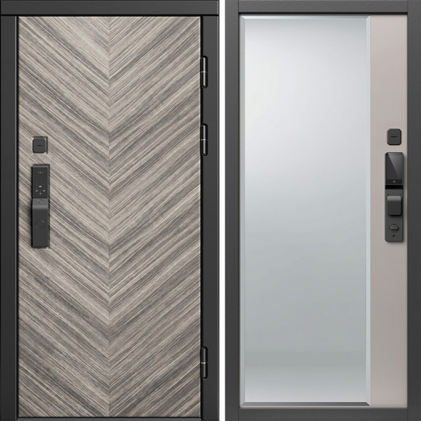 Входная дверь Termo-Door Смарт Плаза Серая Елочка - Зеркало Фацет Капучино