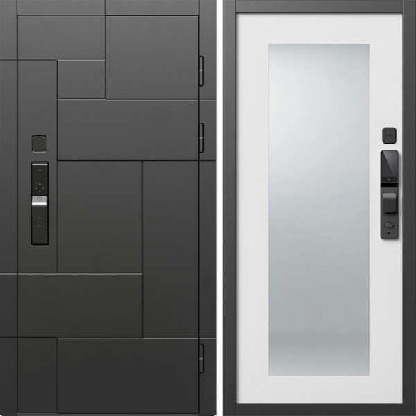 Входная дверь Termo-Door Смарт Тетрис Блэк - Зеркало Триумф Белый софт