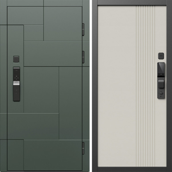 Входная дверь Termo-Door Смарт Тетрис Грин - Страйп Слоновая Кость