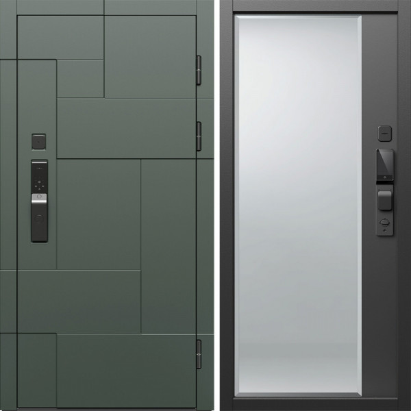 Входная дверь Termo-Door Смарт Тетрис Грин - Зеркало Фацет Черный кварц+тонировка серая