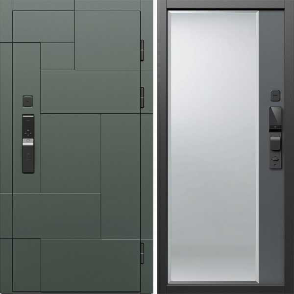 Входная дверь Termo-Door Смарт Тетрис Грин - Зеркало Фацет Grey софт
