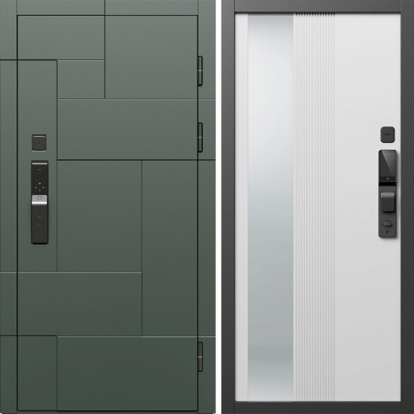Входная дверь Termo-Door Смарт Тетрис Грин - Зеркало Люмис Белый Софт