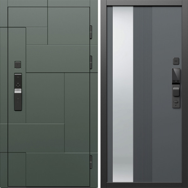 Входная дверь Termo-Door Смарт Тетрис Грин - Зеркало Люмис Грей Софт